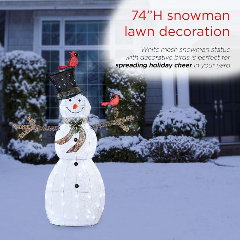 Alpine Corporation Mesh Snowman Decoration with Bird Accents and LED Lights - White