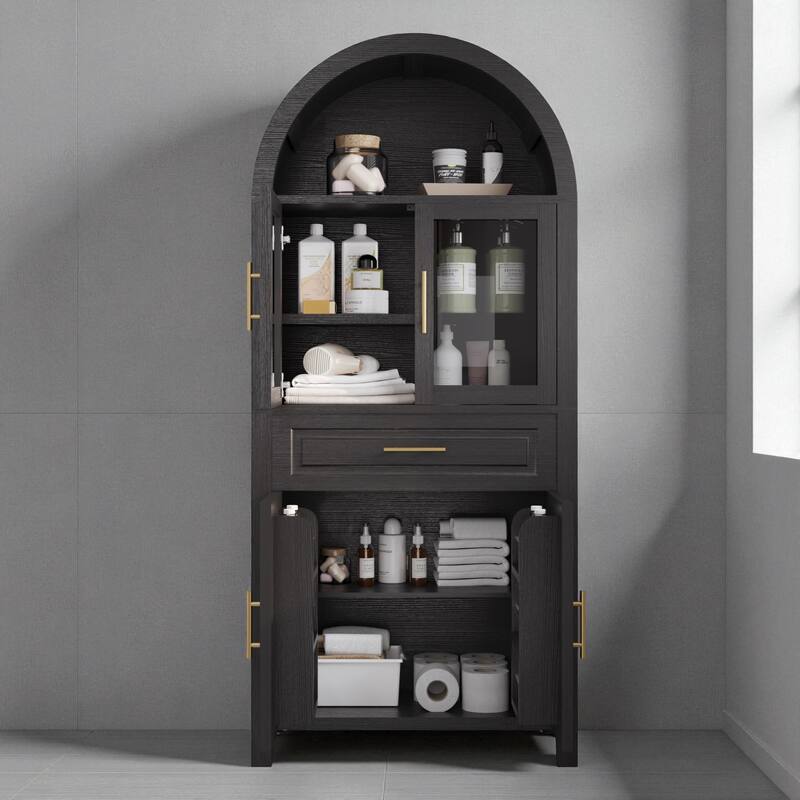 71" Tall Arched Farmhouse Pantry Cabinet with Glass Barn Door, Adjustable Shelves for Kitchen or Dining Room - Black