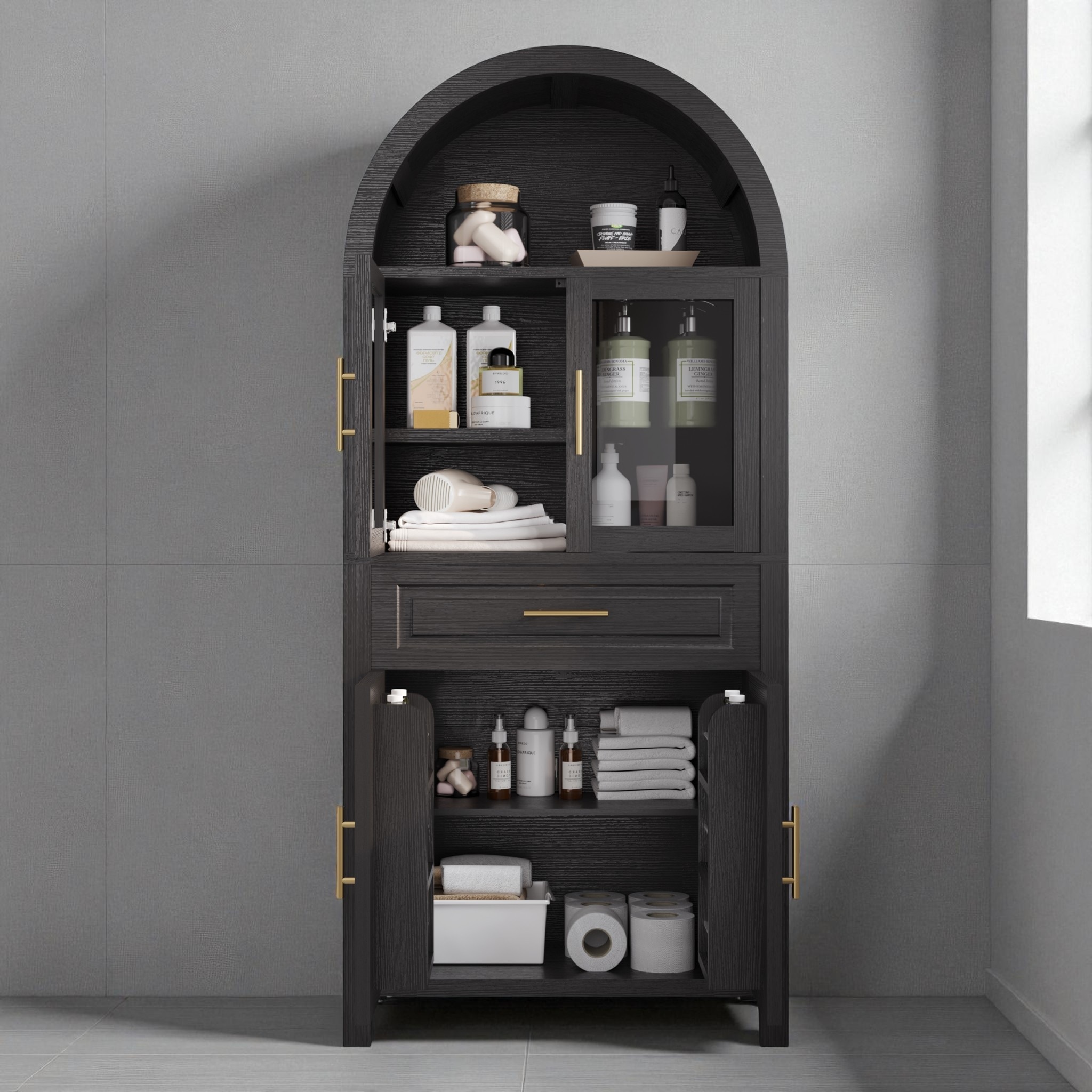 71" Tall Arched Farmhouse Pantry Cabinet with Glass Barn Door, Adjustable Shelves for Kitchen or Dining Room
