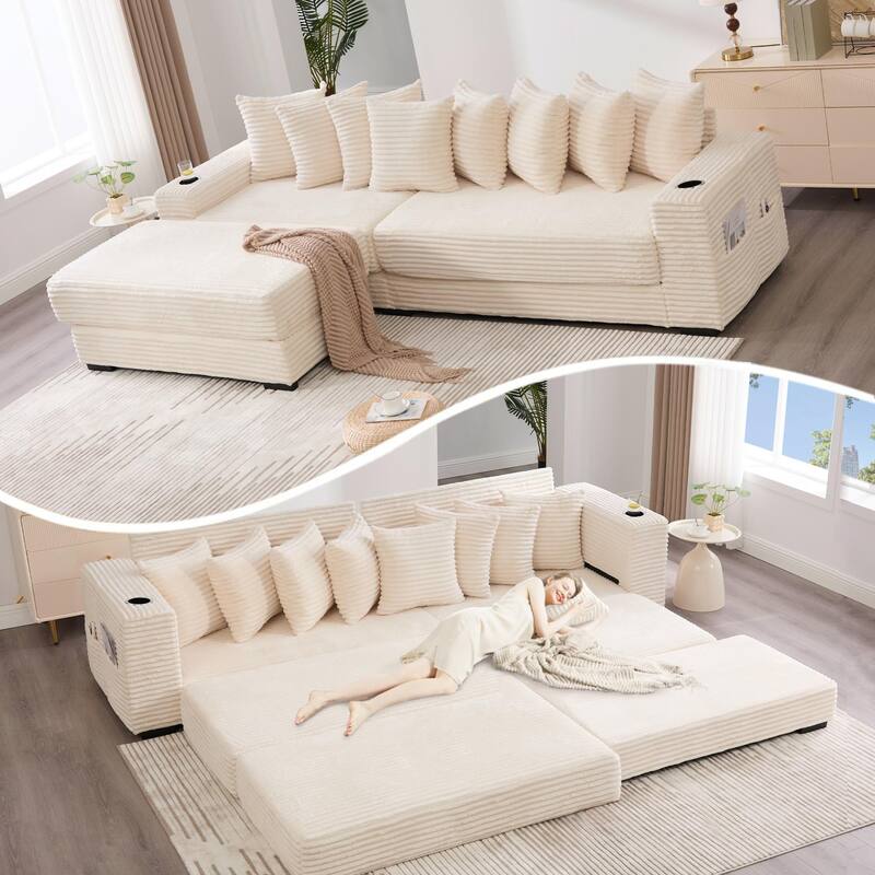 110.75" Corduroy Sectional Sofa, Convertible Sleeper Sofa Bed L-Shaped Upholstered Couch with Removable Footstool, Cup Holder - Beige