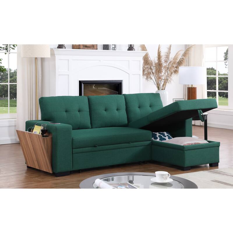 Green L - Shaped Wooden Accent Sofa With Storage Space