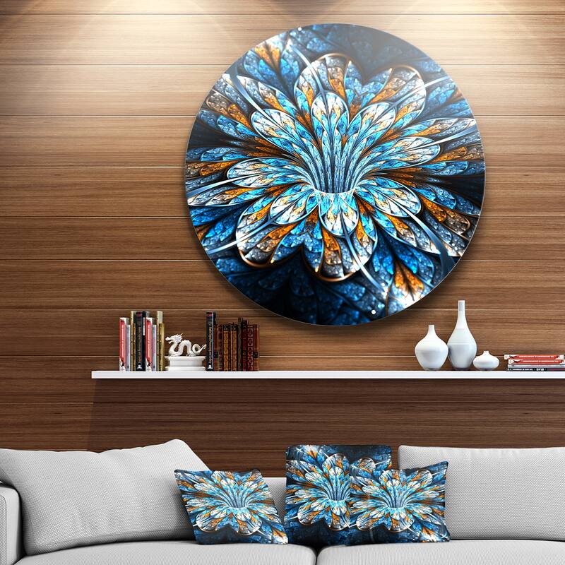 Designart 'Turquoise Fractal Flower in Dark' Floral Abstract Art Round Metal Wall Art