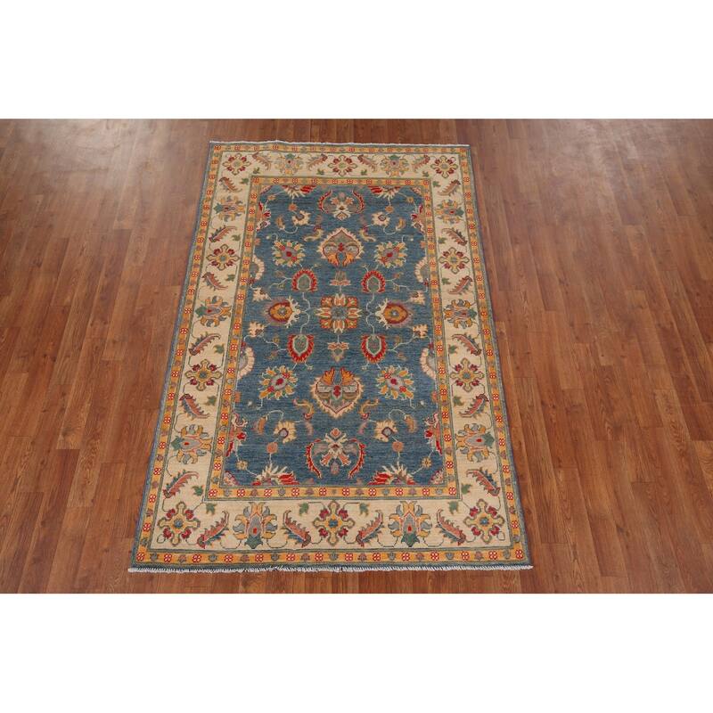 Blue Floral Oushak Oriental Area Rug Hand-Knotted Wool Carpet - 4'1" x 6'4"