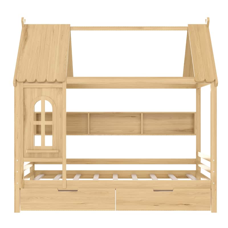 Charming House Bed for Girls, Boys Low Platform Bed Frame with Under-bed Drawers, Storage Shelves, Window and Roof