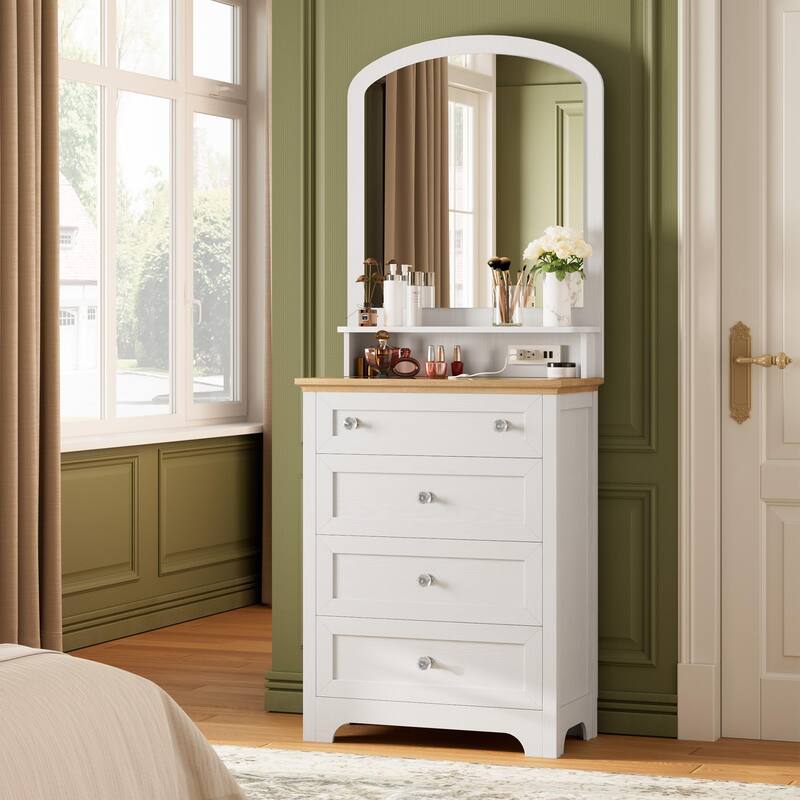 Drawer Dresser with Mirror Charge Station and LED Strip,4 Drawer Cabinet with Cristal Knobs,Modern Makeup Vanity Table - White
