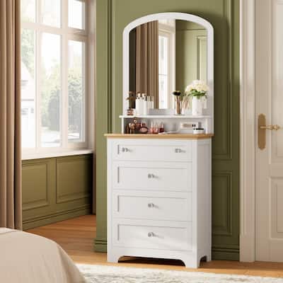 White 4-Drawer Dresser with Mirror, Built-In Charging Station and LED Strip, Modern Vanity Table