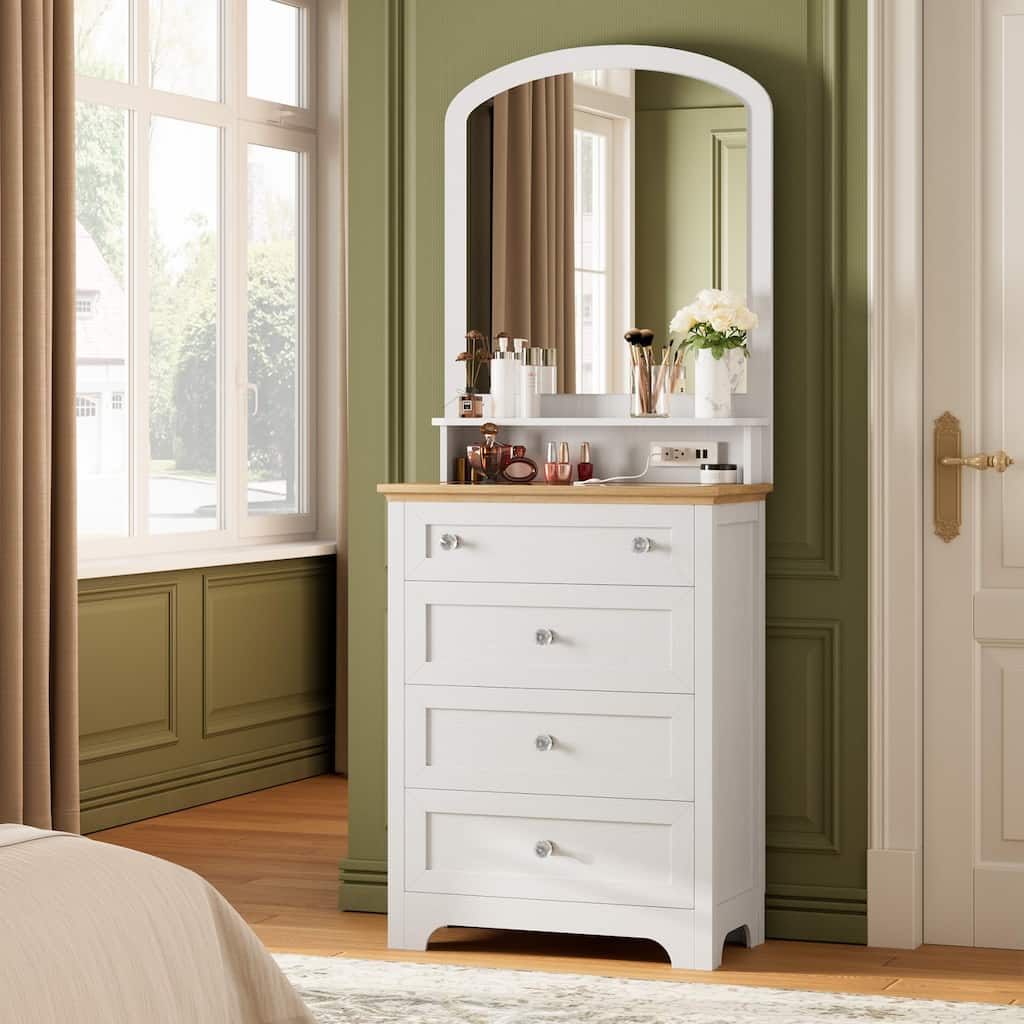 White 4-Drawer Dresser with Mirror, Built-In Charging Station and LED Strip, Modern Vanity Table