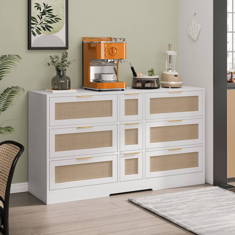 White Chest of Drawers 9-Drawer Rattan Storage Cabinet Sideboard