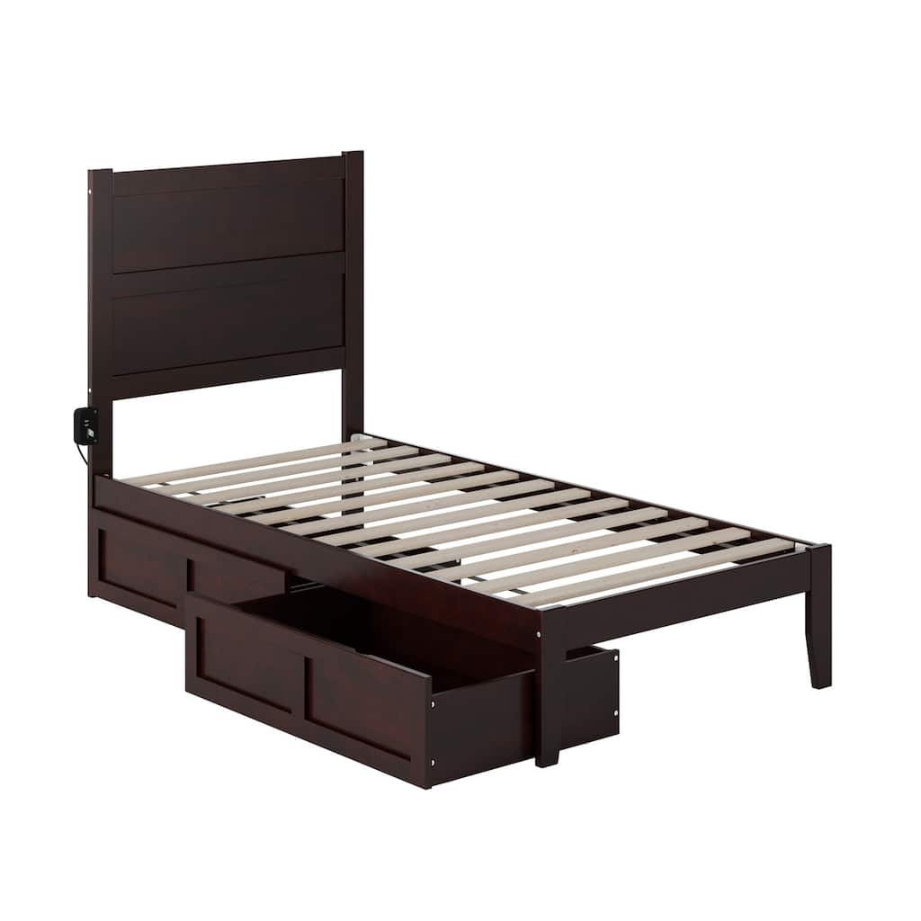 Twin Bed in Espresso with 2 Drawers, Platform Design, Strong Slat Support, and Integrated Charging Station