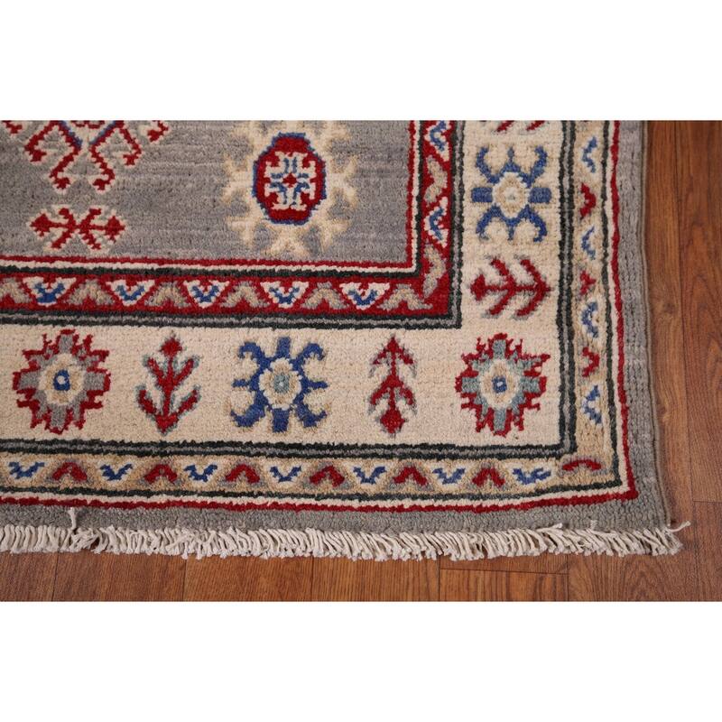 Gray Geometric Kazak Runner Rug Handmade Oriental Wool Carpet - 2'8" x 19'5"