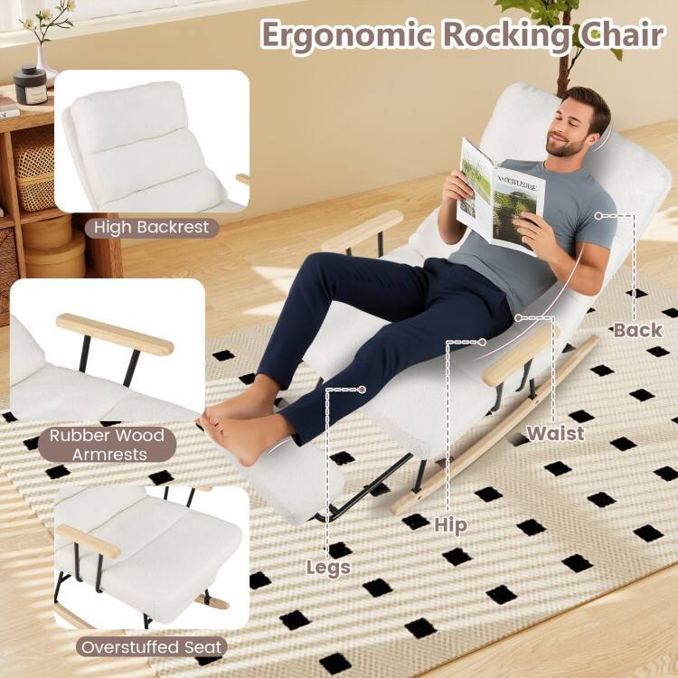 White Teddy Velvet Rubber Wood Rocking Chair with Adjustable Backrest and Footrest - 38" x 25.5" x 38"