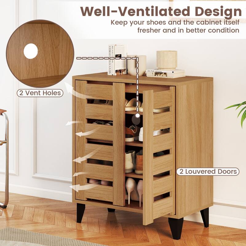 Gymax 2-Door Shoe Cabinet 4-Tier Farmhouse Shoe Organizer w/ Louvered