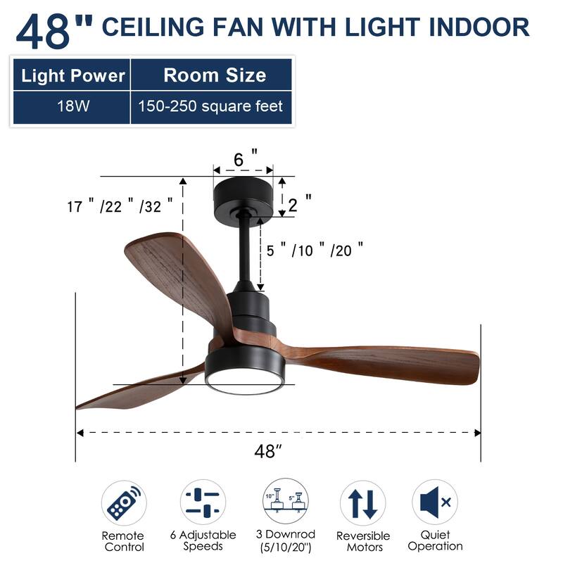 48 Inch Modern Ceiling Fan With Lights 3 Wood Fan Blade Noiseless Reversible Motor Smart Remote Control