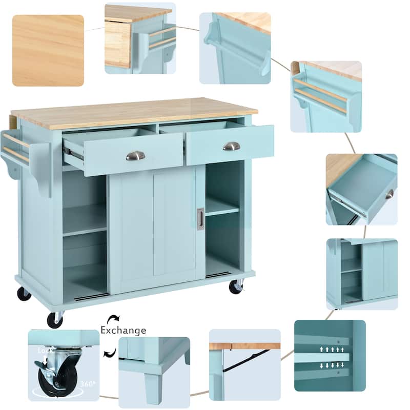 Rolling Kitchen Cart Drop-Leaf Kitchen lsland with Sliding Barn Door