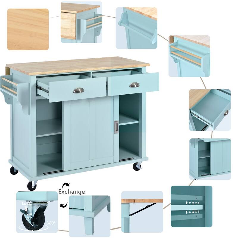 Rolling Kitchen Island with Drop-Leaf Countertop, Adjustable Shelves, 2 Drawers & Sliding Barn Door - Mint Green
