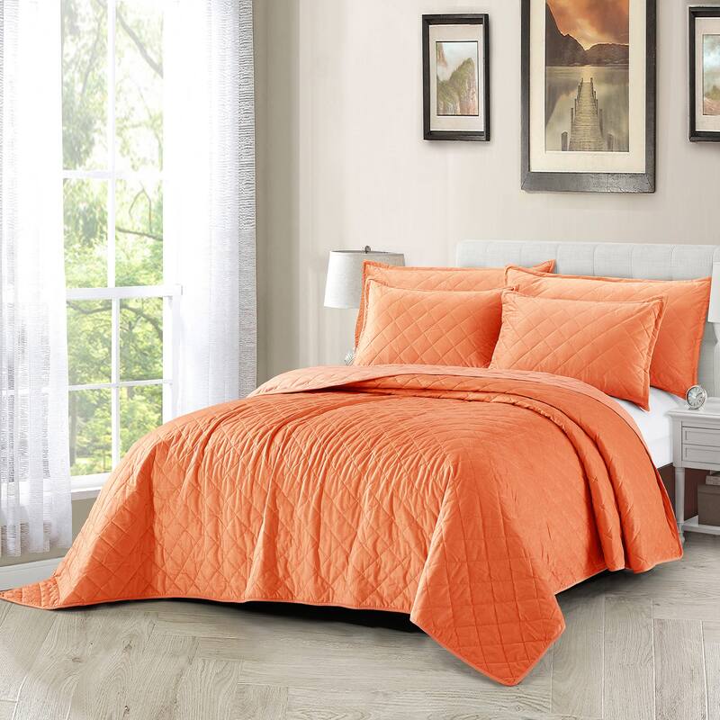 Serenta Velvet Quilts 5 Piece Ultra Soft Floor Touching Bedspread Set - Burnt Orange