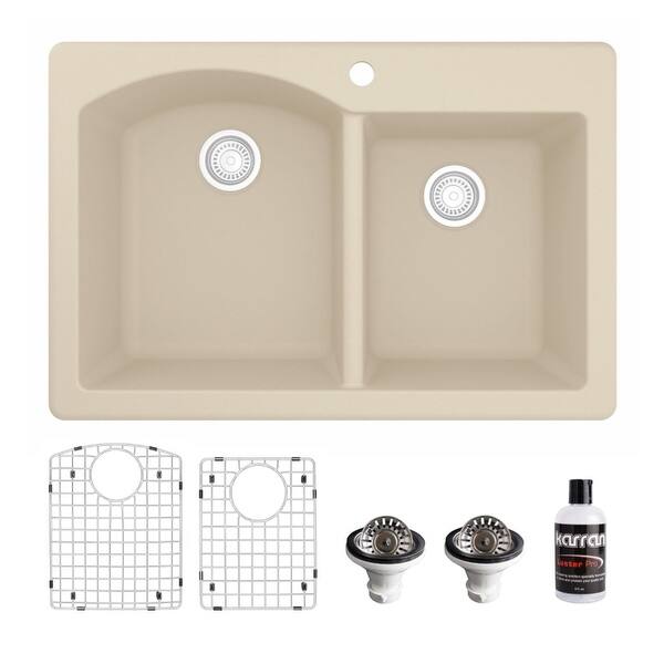 slide 2 of 60, Karran Drop-In Quartz 33 in. 1-Hole 60/40 Double Bowl Kitchen Sink Kit Bisque