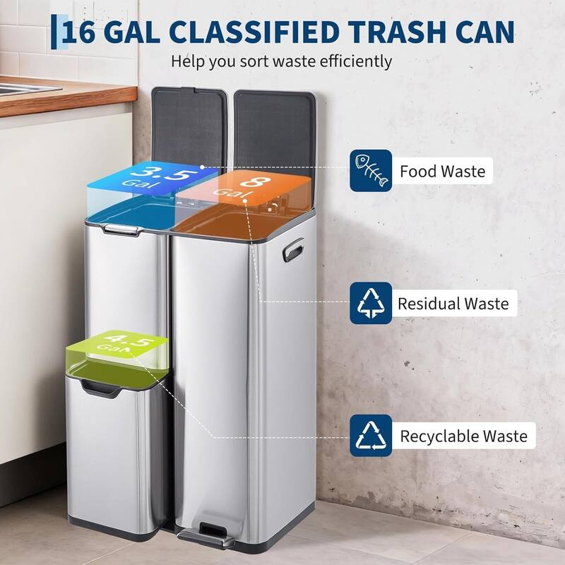 16 Gal Triple Compartment Kitchen Trash Can, Garbage Can with Lid for Bathroom Home Office