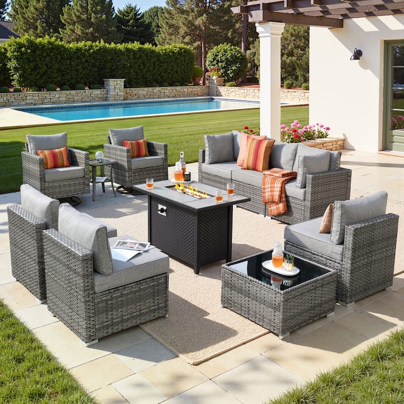 XIZZI 11-Piece Outdoor Patio Furniture Swivel Chairs Set with Fire Table - Dark Grey