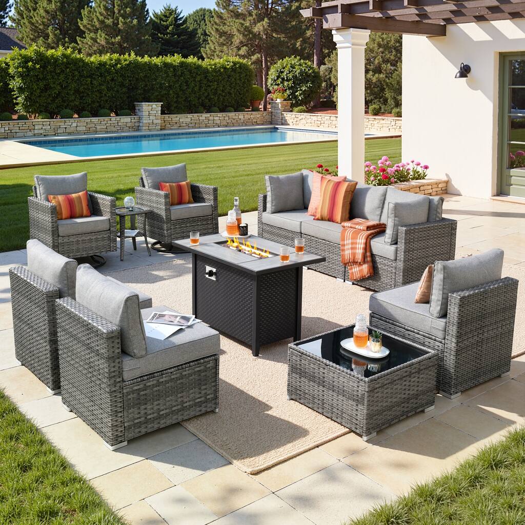 XIZZI 11-Piece Outdoor Patio Furniture Swivel Chairs Set with Fire Table