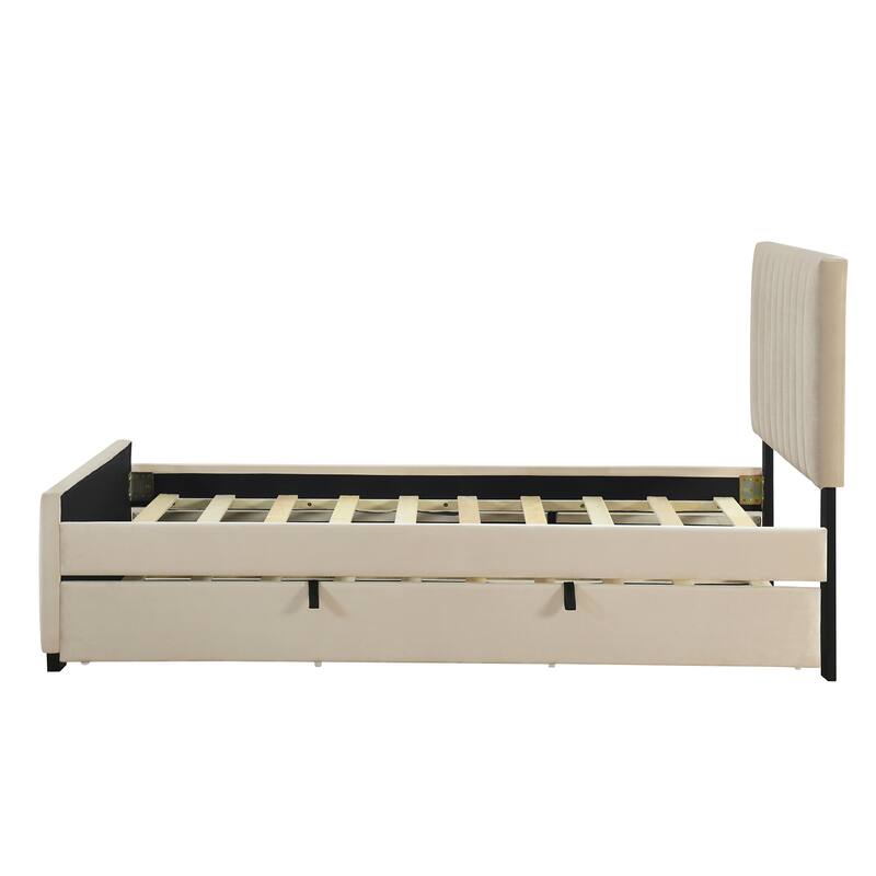 Twin Size Velvet Upholstered Platform Bed with Trundle, Beige
