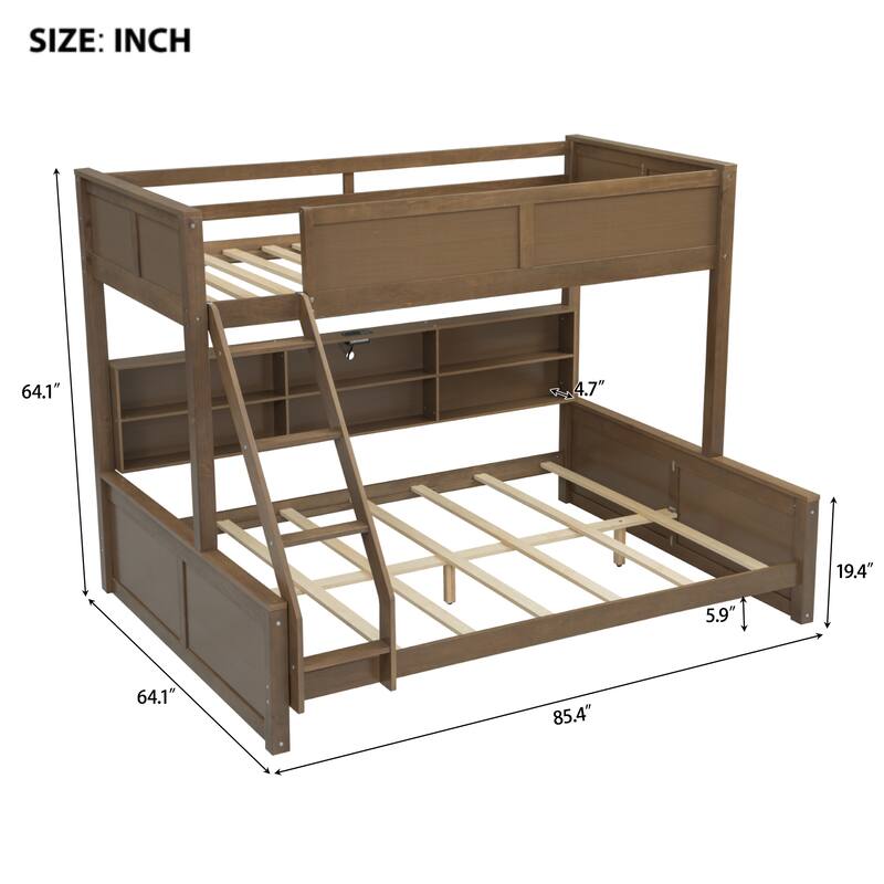 Twin&Full XL over Queen Bunk Bed with Storage Cabinets and USB Ports