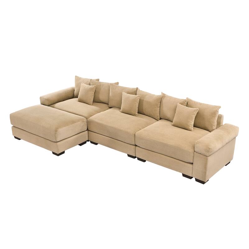 GDFStudio - Corduroy L-Shaped 3-Seater 130" Cloud Modular Sectional Couch with Ottoman