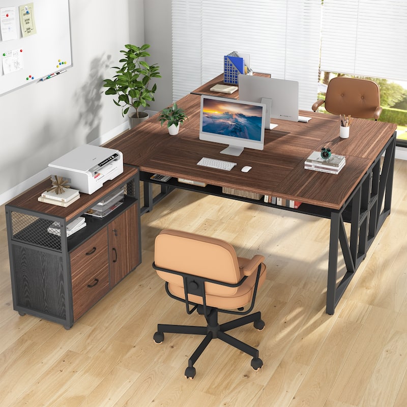 Tribesigns 63-inche L Shaped Desk with Lateral Cabient, 2 piece Home Office Executive Desk with Drawer Shelf