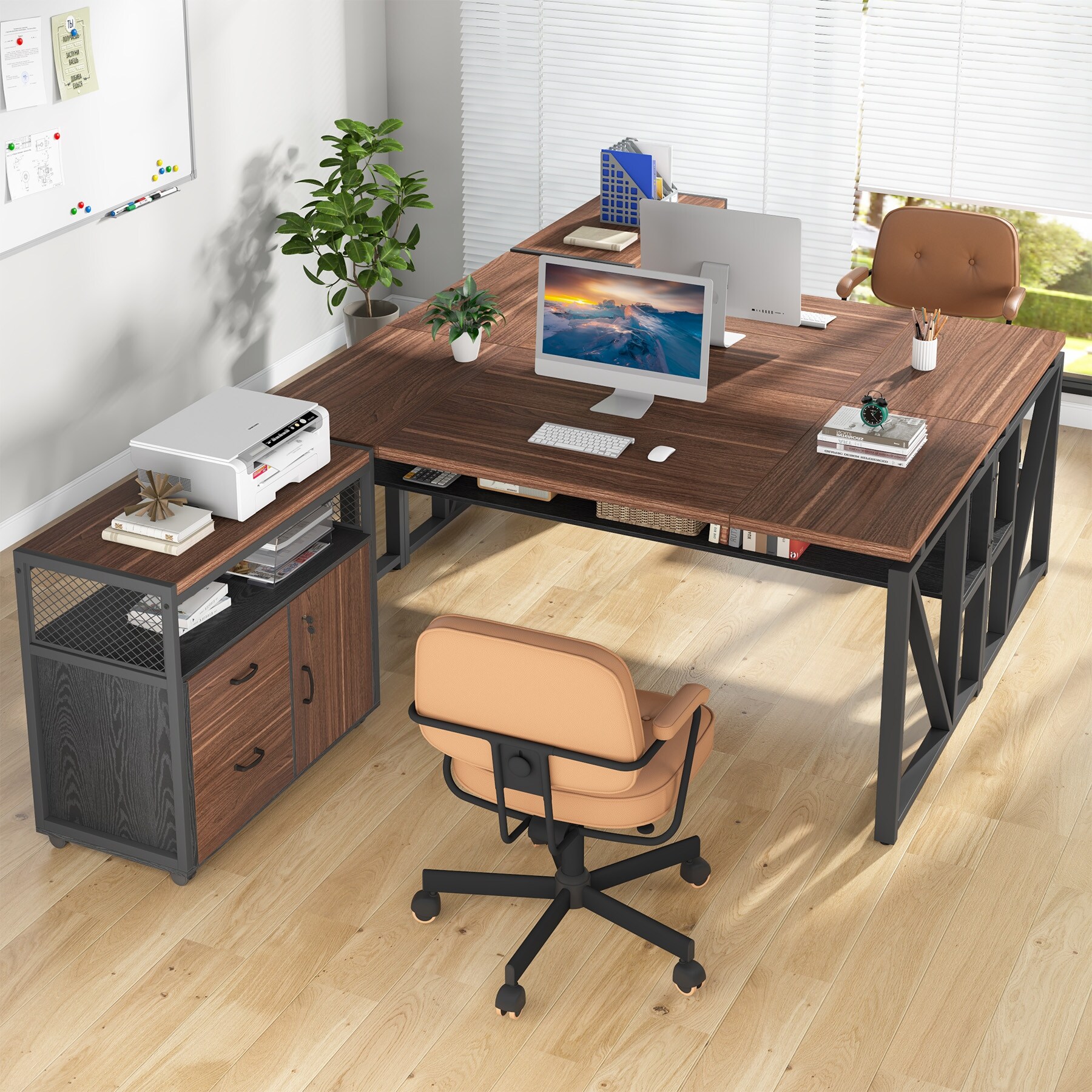 63-inche L Shaped Desk with Lateral Cabient, 2 piece Home Office