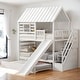 preview thumbnail 1 of 36, Twin over Twin House Bunk Bed with Trundle and Slide, Storage Staircase, Roof and Window Design, Solid Construction White