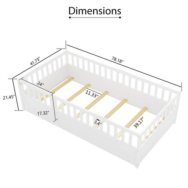 dimension image slide 7 of 11, Wood Montessori Floor Bed with Super High Security Barrier, Door and Support Slats