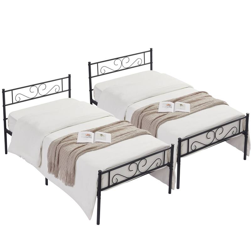 VECELO Kids Bed Frame Set of 2, Metal Bed Frame with Headboard, Twin Size Platform Bed