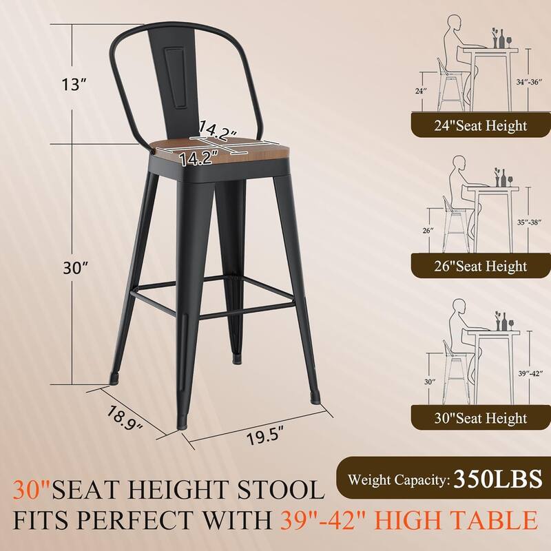 Swivel Counter Stools with Metal Frame Farmhouse Counter Chairs with High Back 24" Kitchen Bar Furniture Stools with Wooden Seat