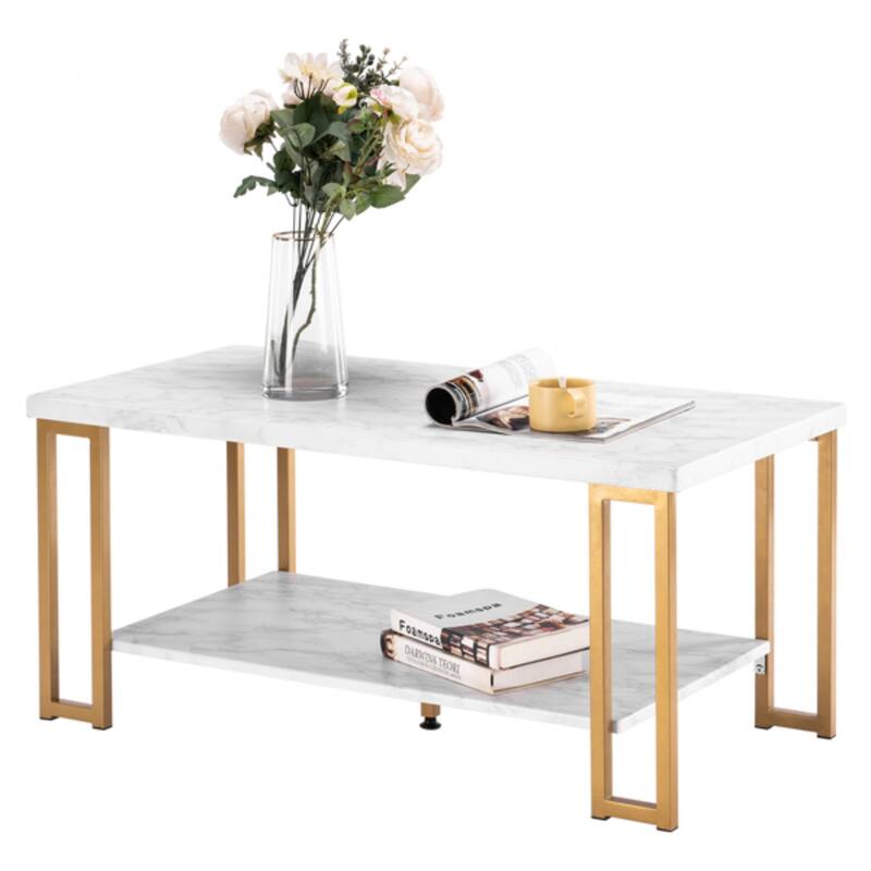 White and Gold Rounded Coffee Table with Faux Marble Top and Metal Legs Perfect for Living Room - 39.73 x 20.08 x 18.11