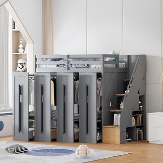 Twin Size Loft Bed with 4 Large Retractable Wardrobes, Storage Stair and Side Storage Compartments for Kids Boys Girls, Grey