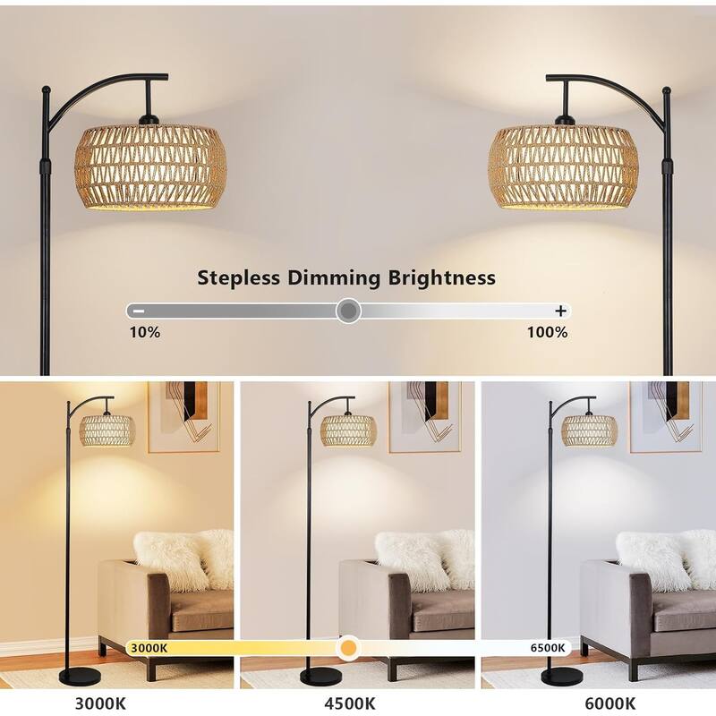 Arc Floor Lamp with Remote Control,Dimmable LED Lamp with 3 Color Temperature,Standing Lamp with Rattan & Fabric Drum Shade