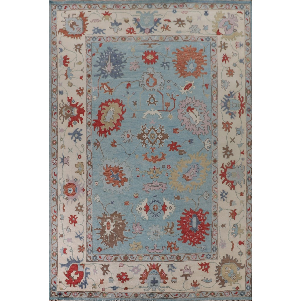 Light Blue Floral Oushak Oriental Large Rug Hand-Knotted Wool Carpet - 10'1" x 13'9"