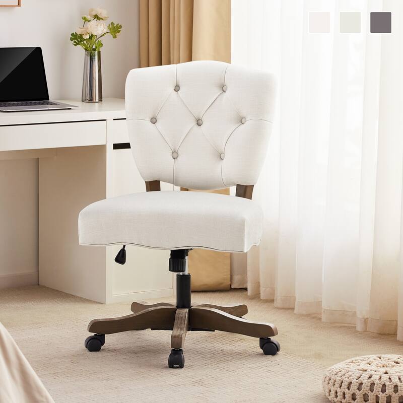 Home Computer Office Chair with Wheels Beige/ Cream/ Grey Adjustable Height, Linen Fabric Upholstered Chair Swivel