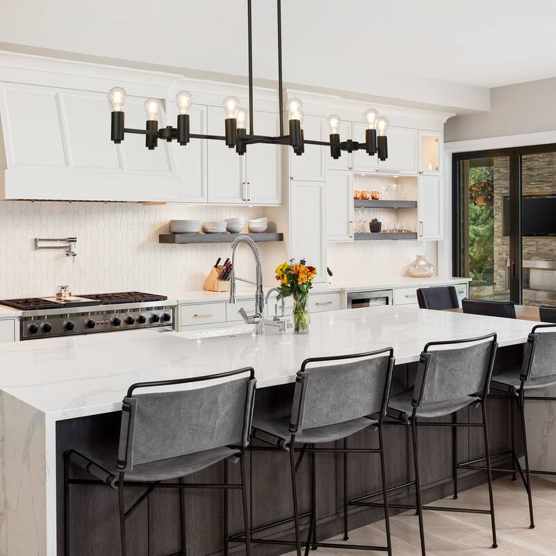 Regan Oversized Modern Farmhouse Black 10-Light Exposed Bulb Linear Dining Room Chandelier - 49.2"W x 13.3"D x 17.9" - 67.9"H