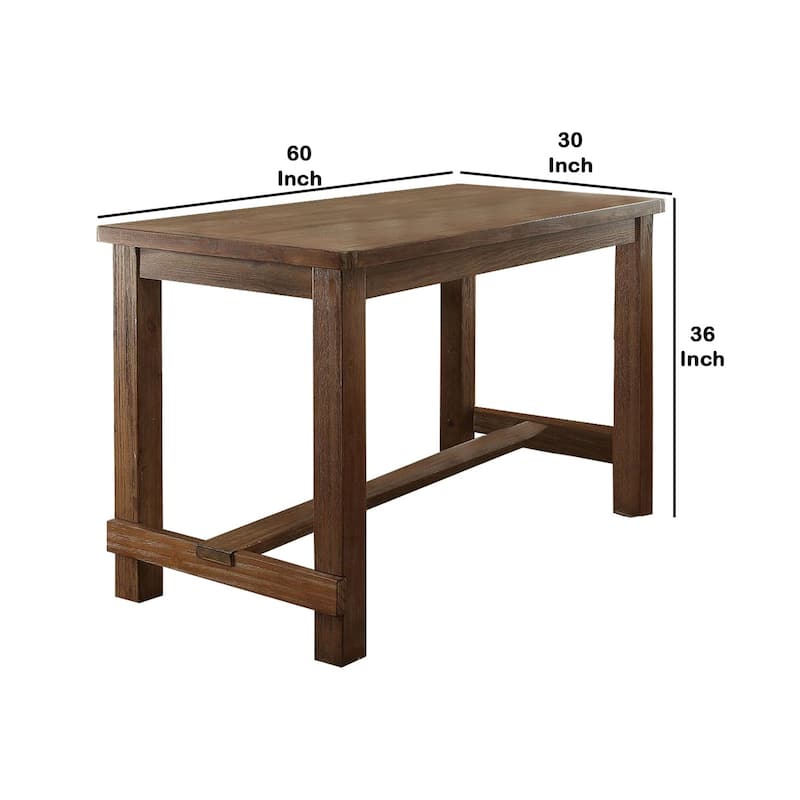 Rustic Plank Wooden Counter Height Table with Block Legs, Oak Brown