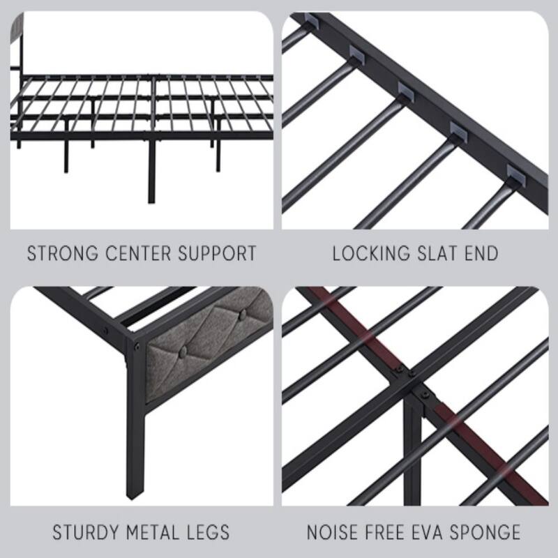 King Bed Frame with Storage Headboard, Charging Station and LED Lights, Upholstered Platform Bed