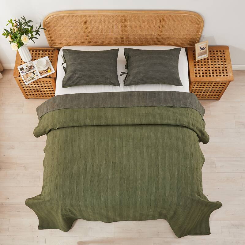 Melange Hand Stitched Kantha Reversible Green Coverlets and Shams