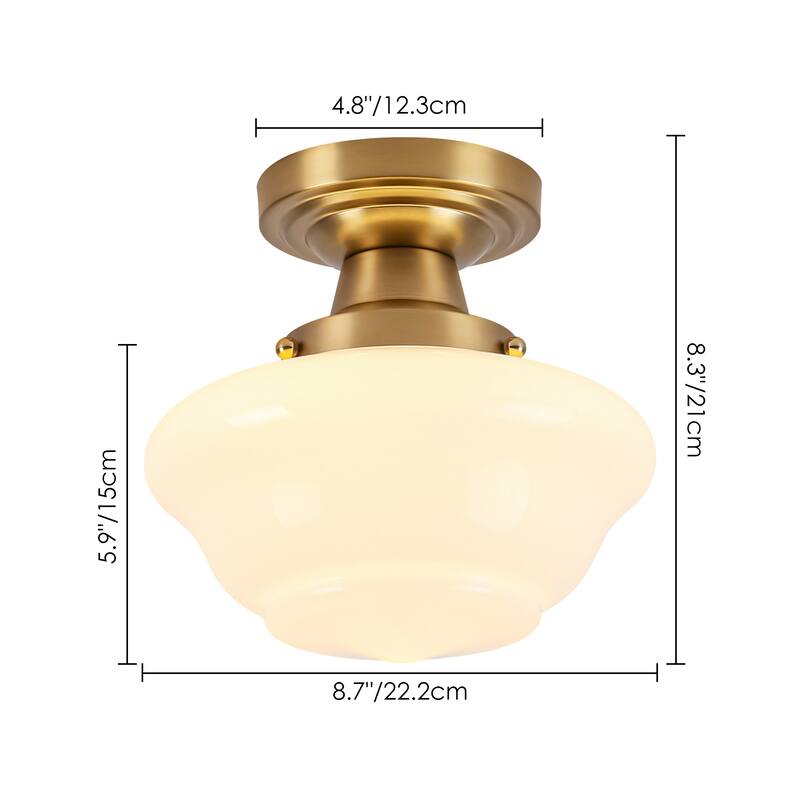8.7" 1-Light Vintage Brass/Black Milk Glass Flush Mount Ceiling Light for Hallway