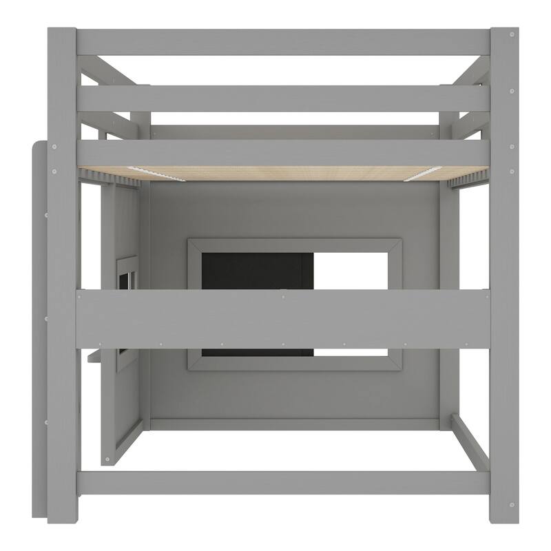 Full/Twin Loft Bed with Sliding Chalkboard, Bookshelf & Safety Rails