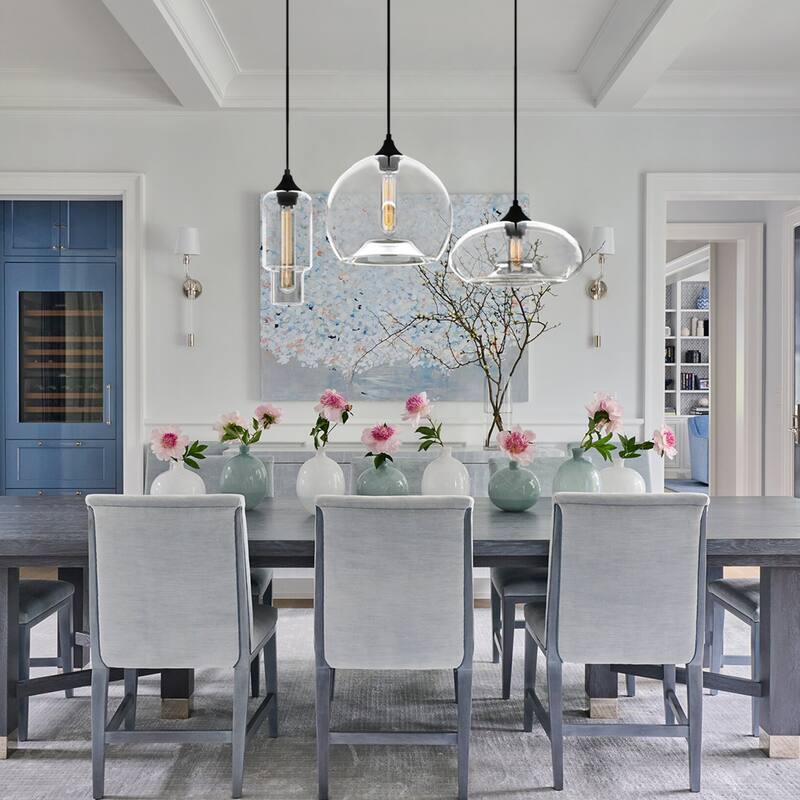 3-Light Black Orb Pendant Light Linear Cluster Clear Glass Globe Bubble Chandelier - 27.5 in. W x 78.8 in. H