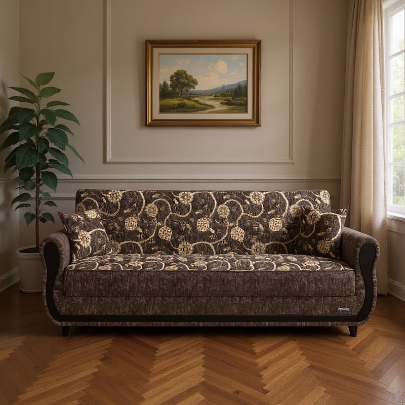 HomeRoots 90" Beige And Brown Chenille Convertible Futon Floral Sleeper Sofa With Toss Pillows And Storage - Beige/Brown
