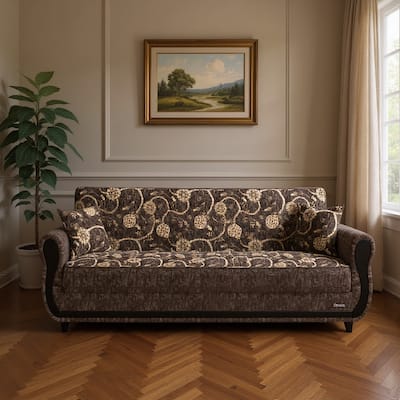 HomeRoots 90" Beige And Brown Chenille Convertible Futon Floral Sleeper Sofa With Toss Pillows And Storage