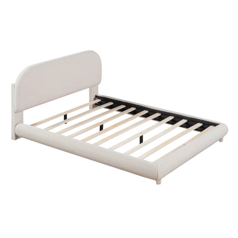 Full/Queen Size Teddy Fleece Upholstered Bed with Thick Fabric, Platform Bed Frame with Headboard & Stylish Curve-shaped Design