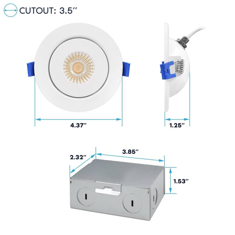 Luxrite 3 Inch Floating Gimbal LED Recessed Lighting with J-Box, CRI 90, 5CCT Dimmable, 8W ETL Listed 6 Pack