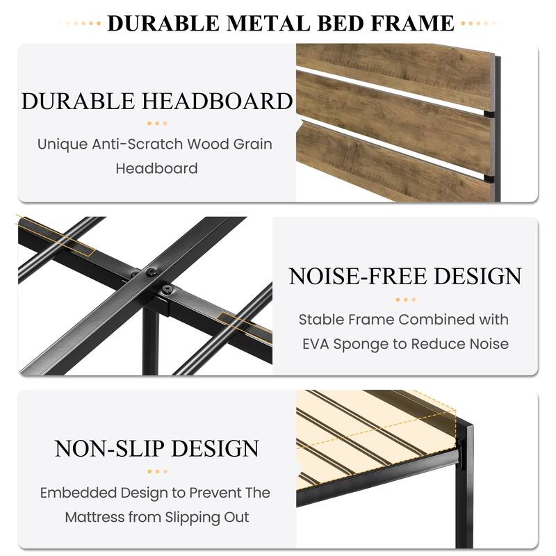 Rustic Style Platform Bed Frame Queen Size with Wood Headboard, Strong Metal Slats Support, Easy Assembly